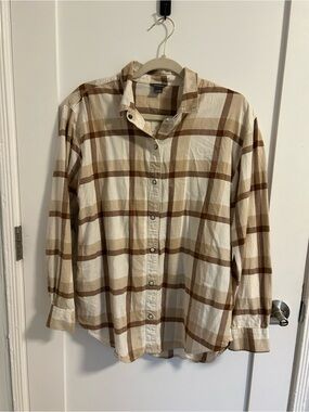 Eddie Bauer Cream and Brown Plaid Button-Down Shirt